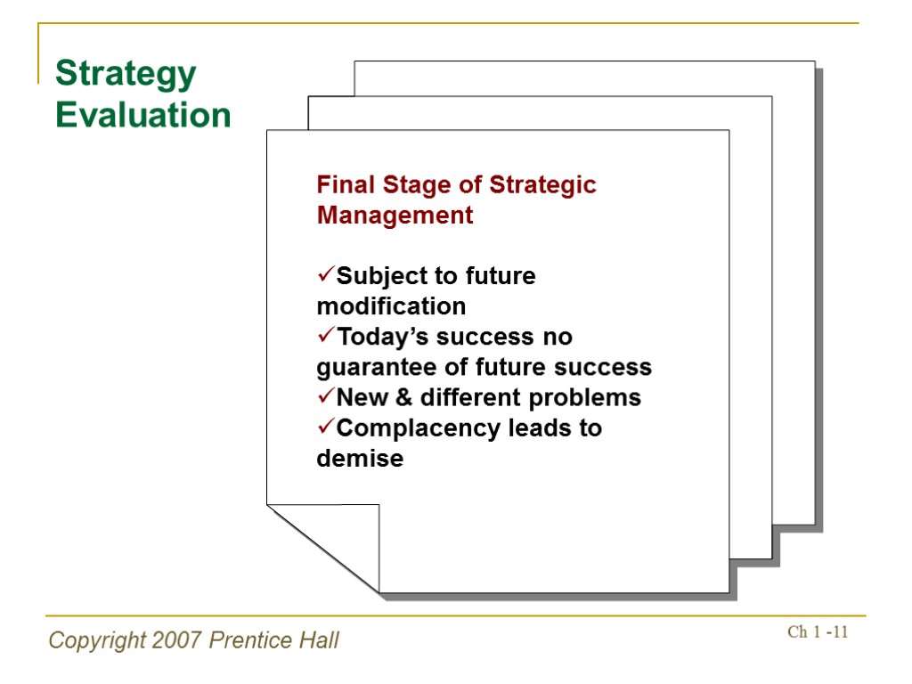 Copyright 2007 Prentice Hall Ch 1 -11 Strategy Evaluation Final Stage of Strategic Management